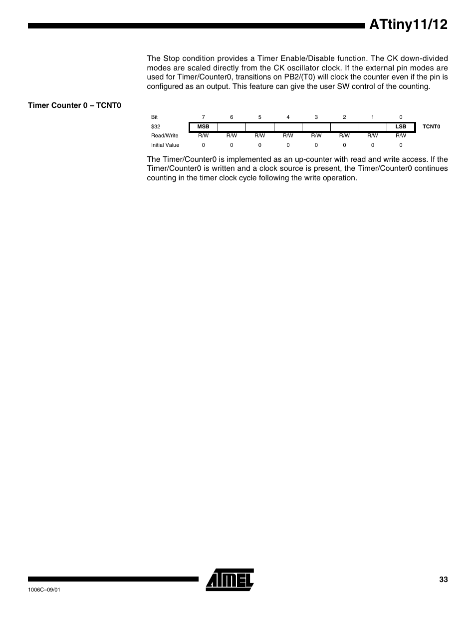 Timer counter 0 – tcnt0, Attiny11/12 | Rainbow Electronics ATtiny12 User Manual | Page 33 / 86