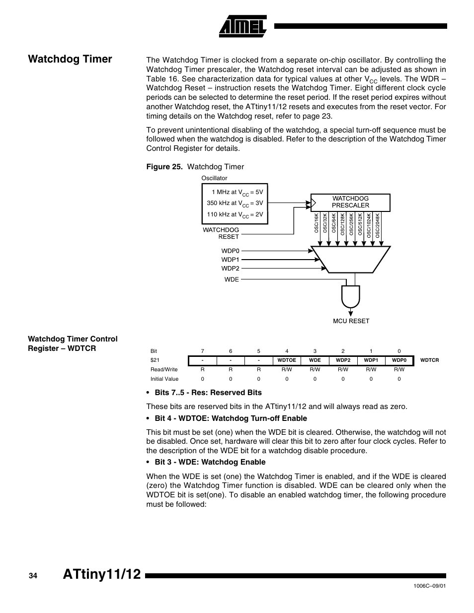 Watchdog timer, Watchdog timer control register – wdtcr, Attiny11/12 | Rainbow Electronics ATtiny12 User Manual | Page 34 / 86