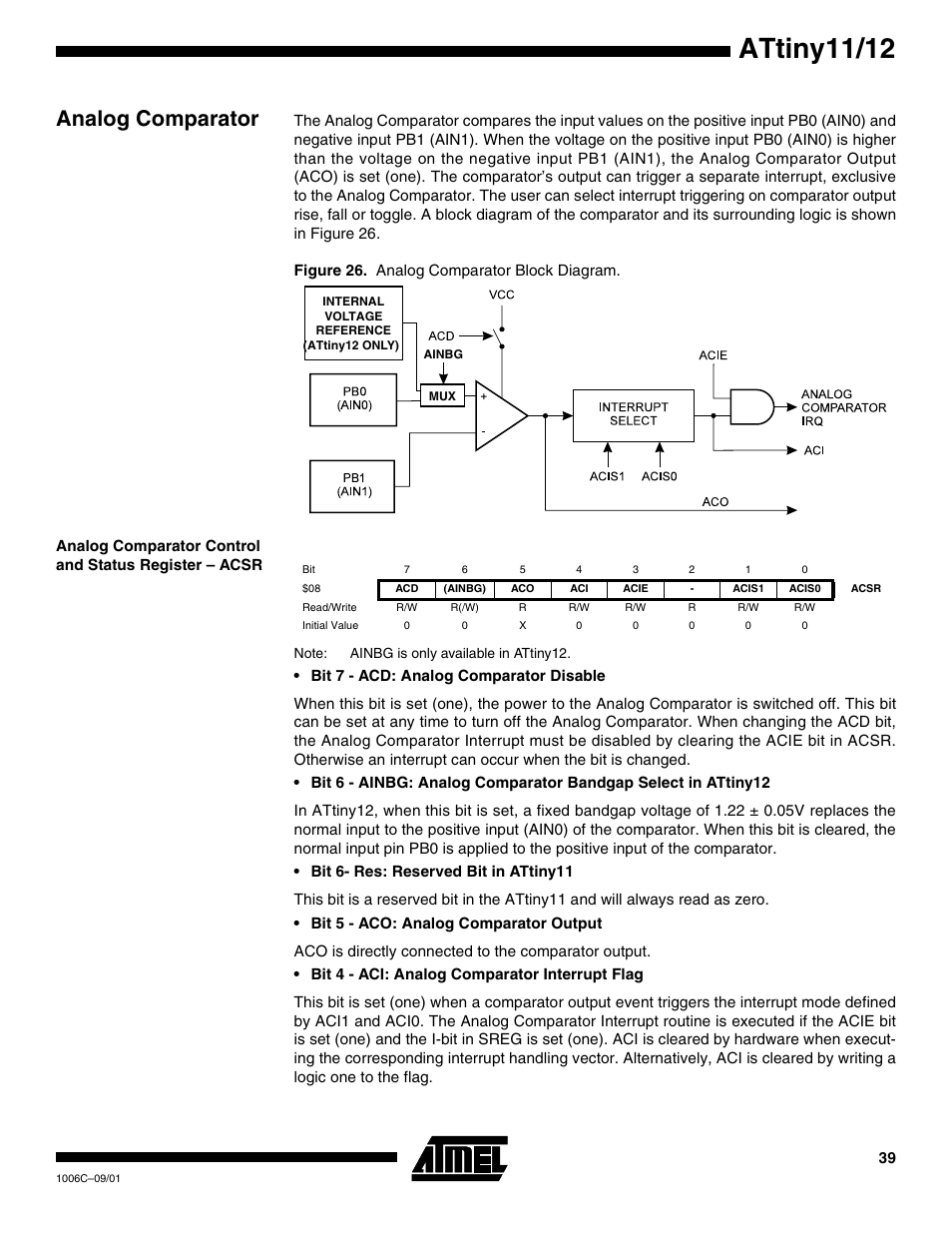 Analog comparator, Attiny11/12 | Rainbow Electronics ATtiny12 User Manual | Page 39 / 86