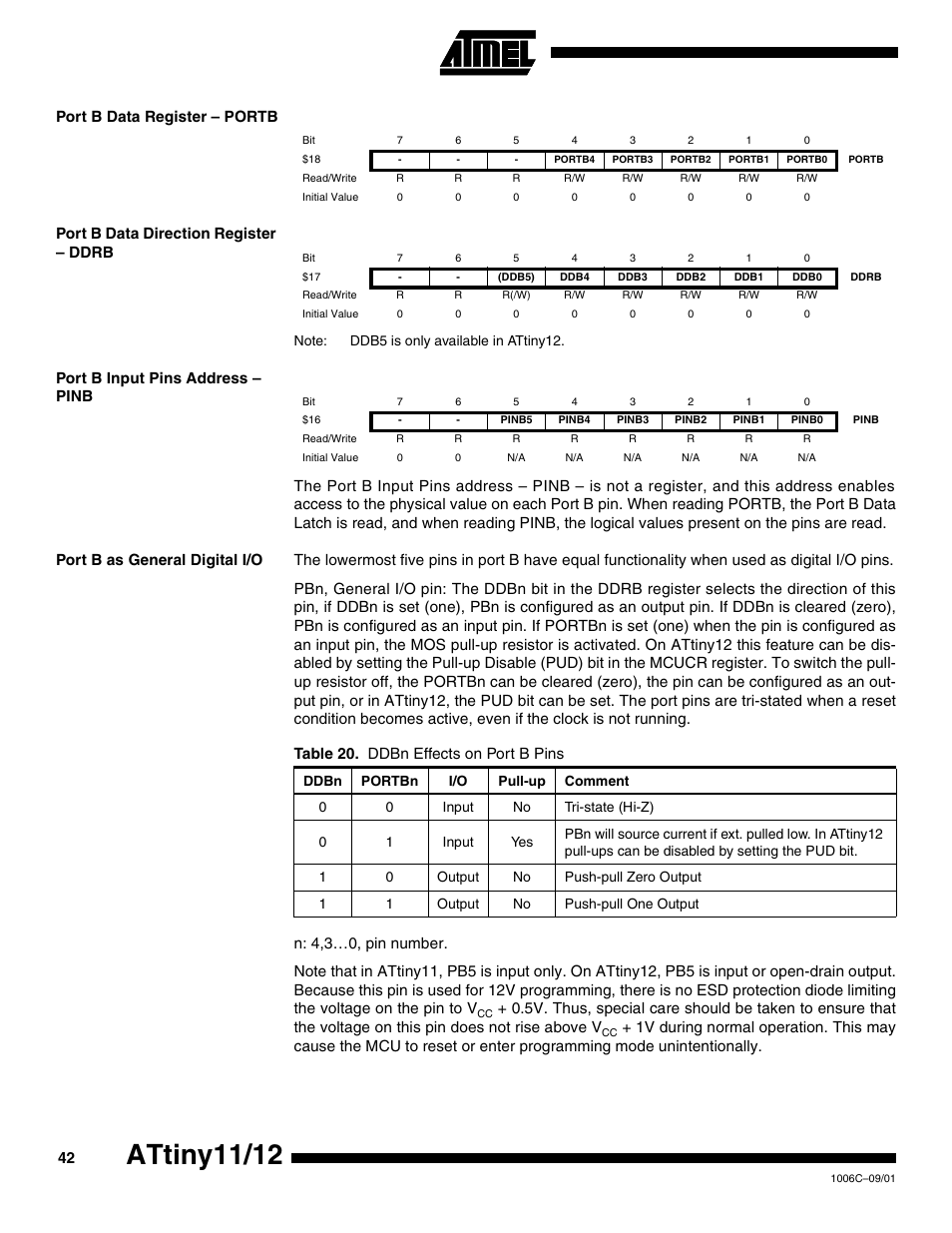 Port b data register – portb, Port b data direction register – ddrb, Port b input pins address – pinb | Port b as general digital i/o, Attiny11/12, Table 20. ddbn effects on port b pins | Rainbow Electronics ATtiny12 User Manual | Page 42 / 86