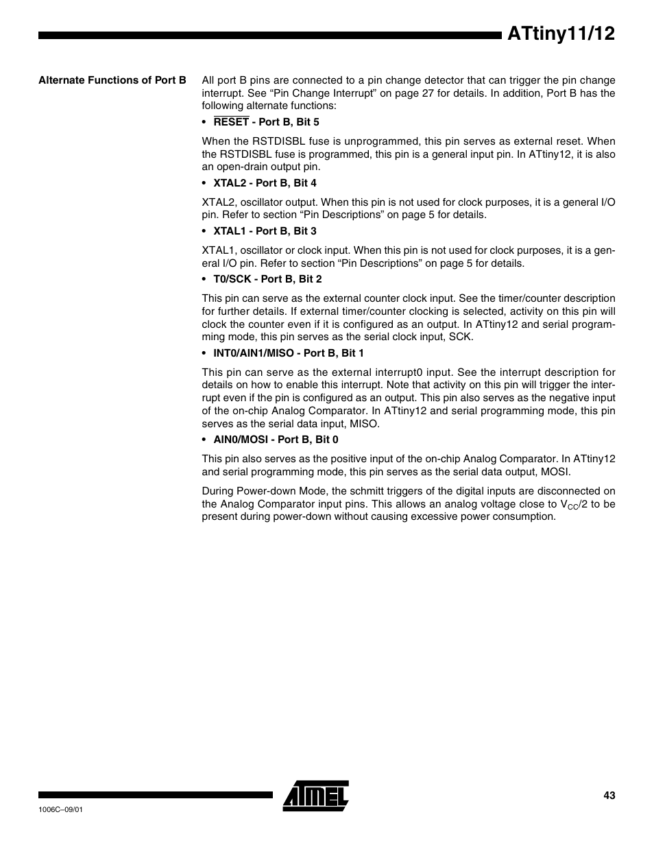 Alternate functions of port b, Attiny11/12 | Rainbow Electronics ATtiny12 User Manual | Page 43 / 86