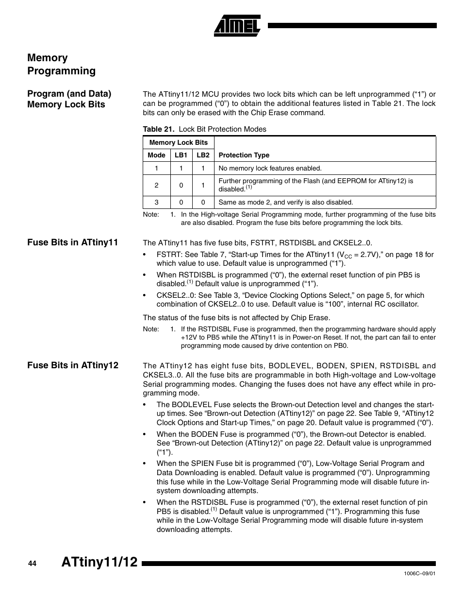 Memory programming, Program (and data) memory lock bits, Fuse bits in attiny11 | Fuse bits in attiny12, Attiny11/12 | Rainbow Electronics ATtiny12 User Manual | Page 44 / 86