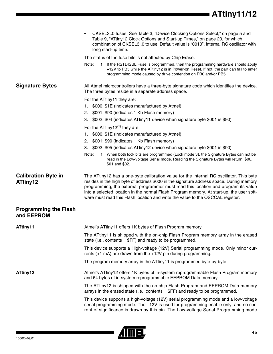 Signature bytes, Calibration byte in attiny12, Programming the flash and eeprom | Attiny11, Attiny12, Attiny11/12 | Rainbow Electronics ATtiny12 User Manual | Page 45 / 86