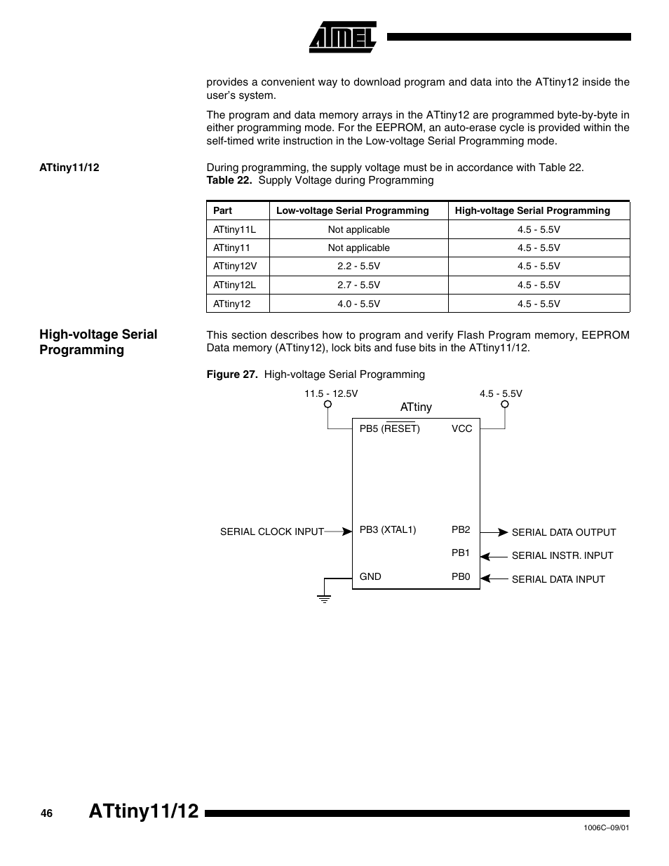 Attiny11/12, High-voltage serial programming | Rainbow Electronics ATtiny12 User Manual | Page 46 / 86