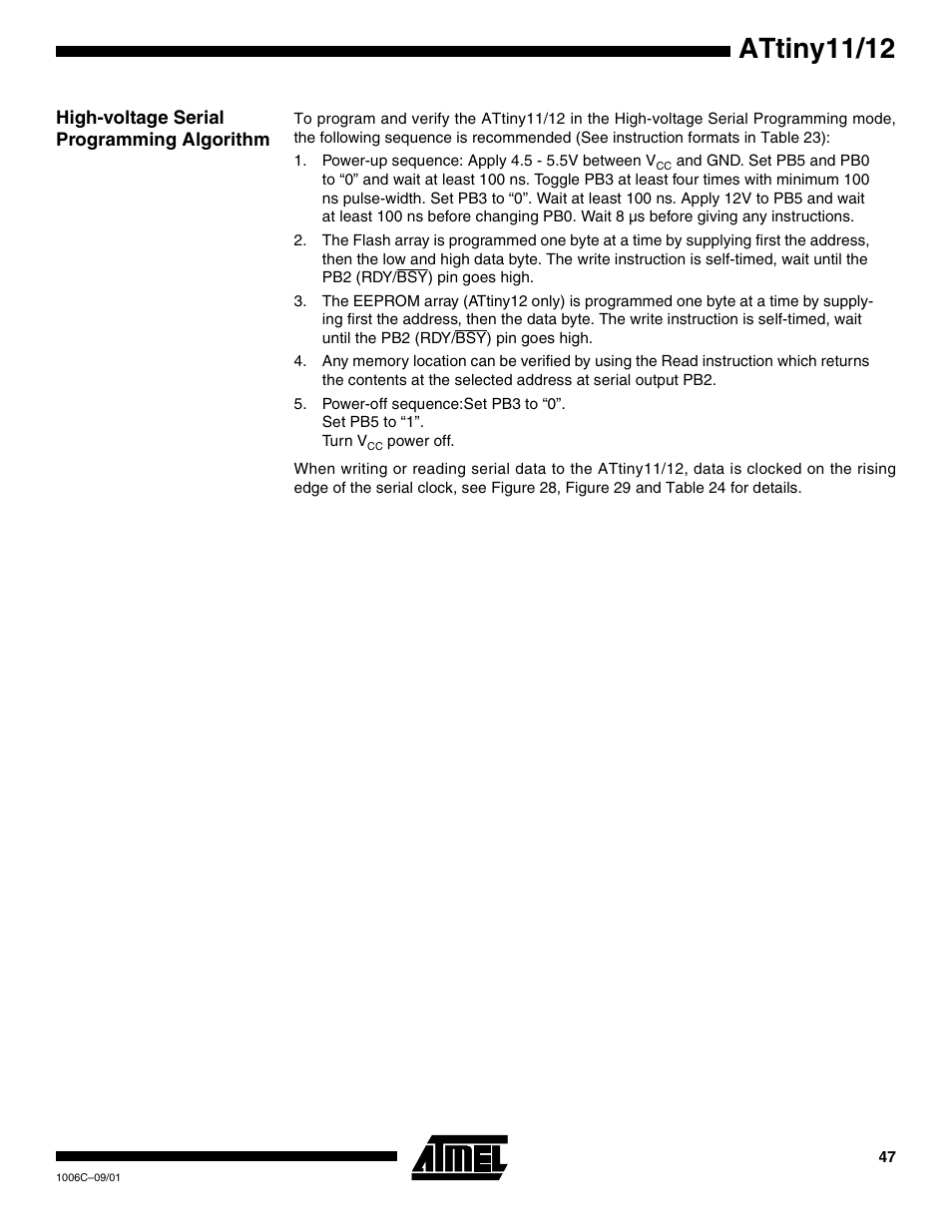 High-voltage serial programming algorithm, Attiny11/12 | Rainbow Electronics ATtiny12 User Manual | Page 47 / 86