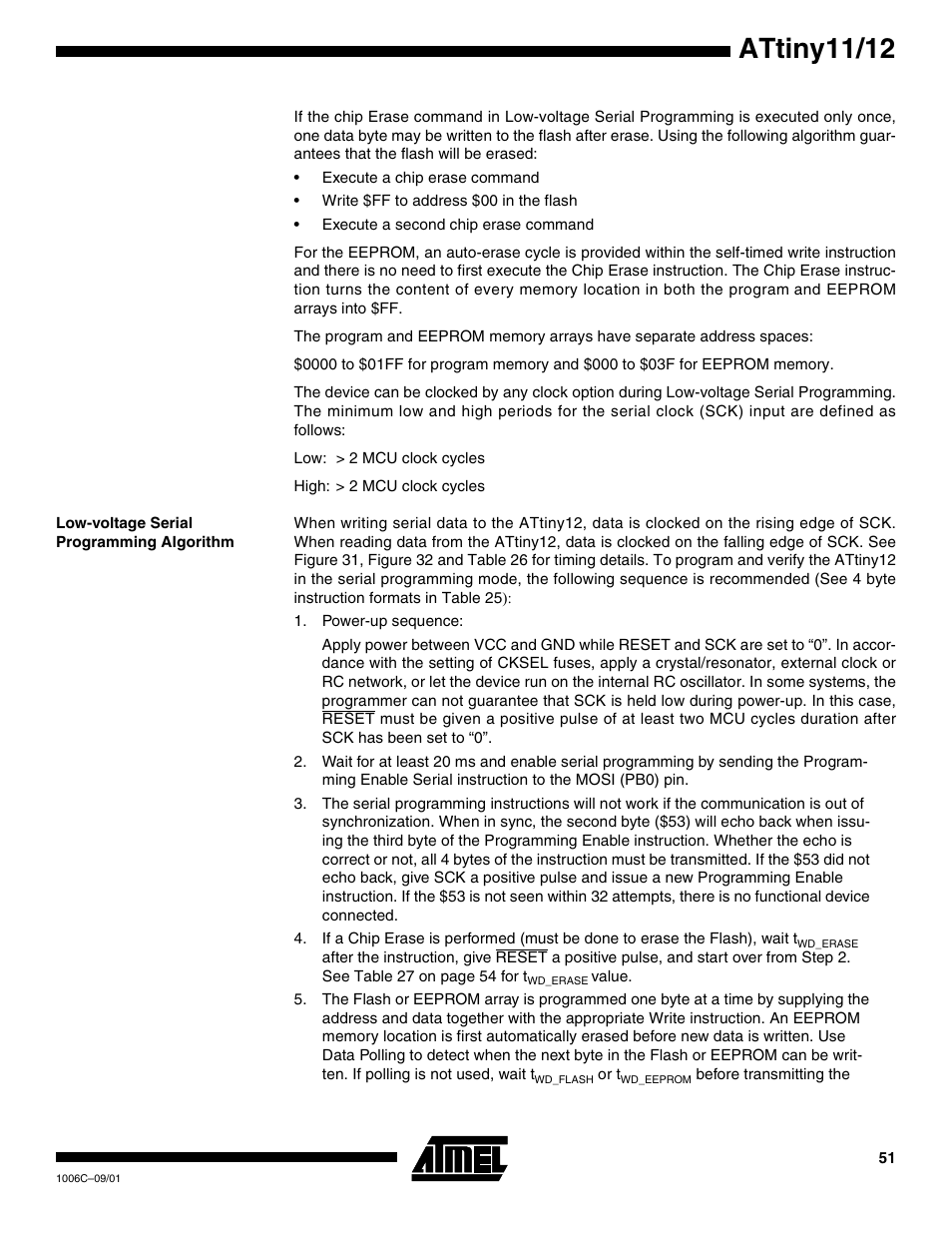 Low-voltage serial programming algorithm, Attiny11/12 | Rainbow Electronics ATtiny12 User Manual | Page 51 / 86
