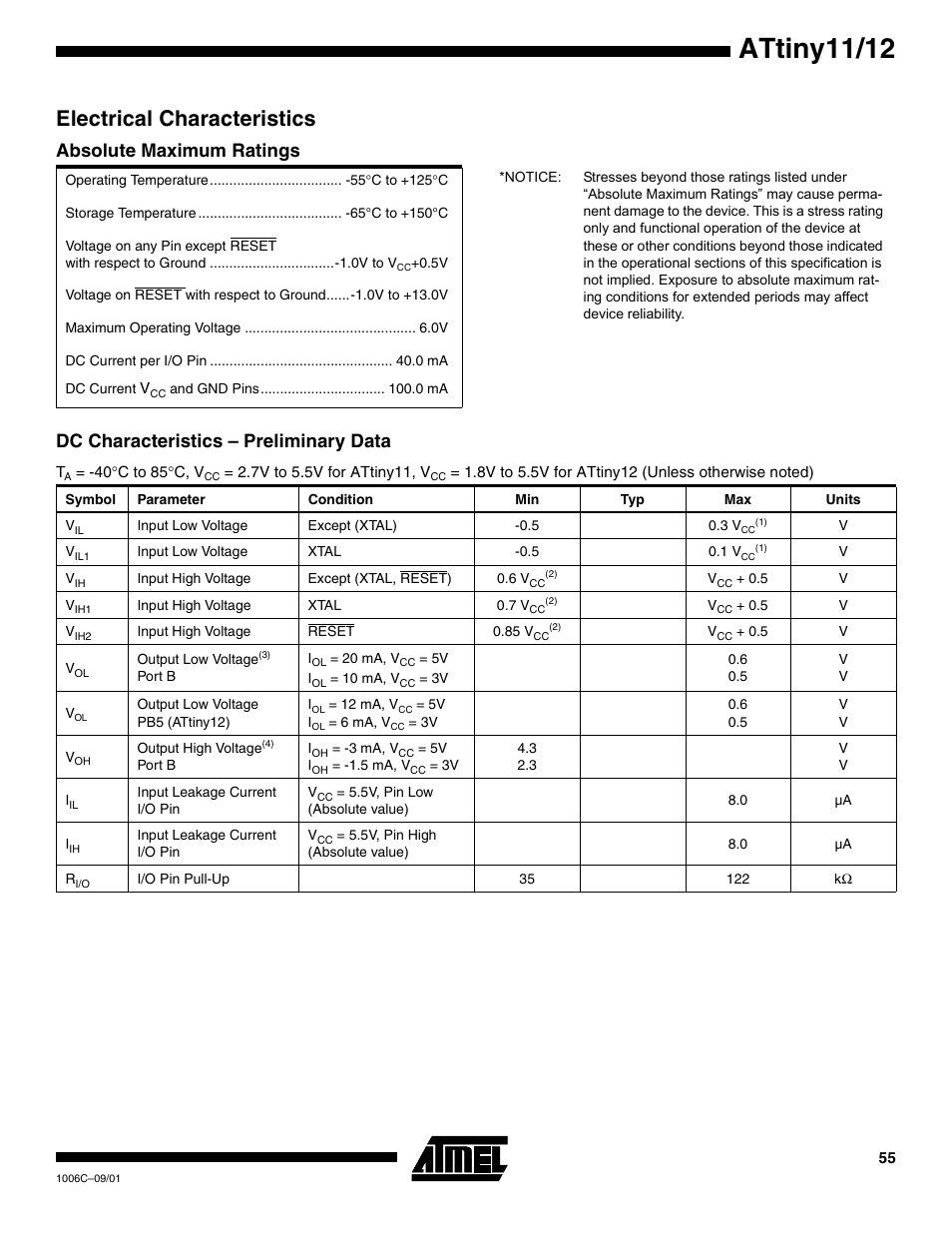 Electrical characteristics, Absolute maximum ratings, Dc characteristics – preliminary data | Attiny11/12 | Rainbow Electronics ATtiny12 User Manual | Page 55 / 86