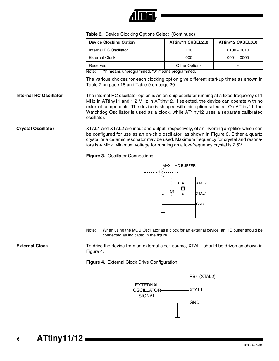 Internal rc oscillator, Crystal oscillator, External clock | Attiny11/12 | Rainbow Electronics ATtiny12 User Manual | Page 6 / 86