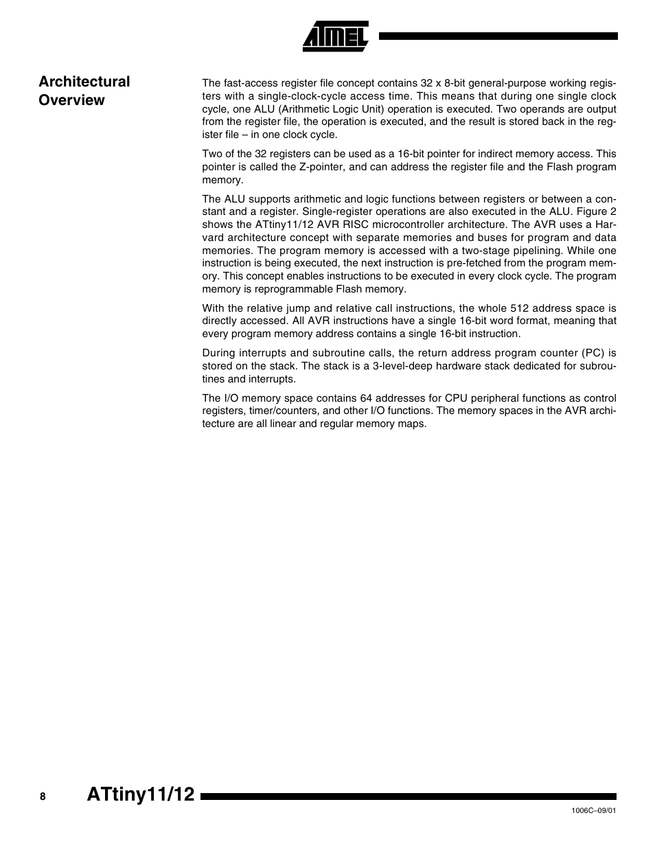 Architectural overview, Attiny11/12 | Rainbow Electronics ATtiny12 User Manual | Page 8 / 86