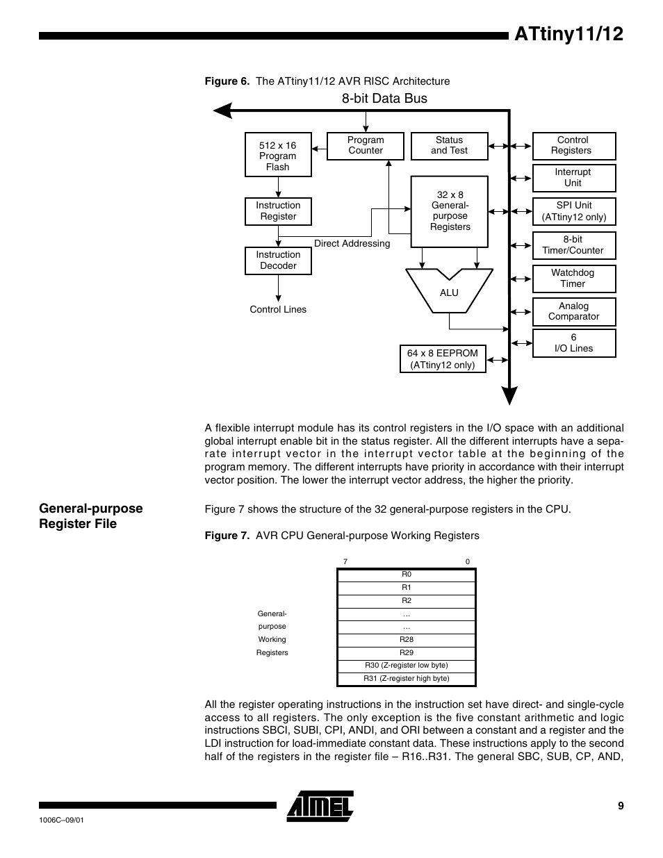 General-purpose register file, Attiny11/12, Bit data bus | Rainbow Electronics ATtiny12 User Manual | Page 9 / 86