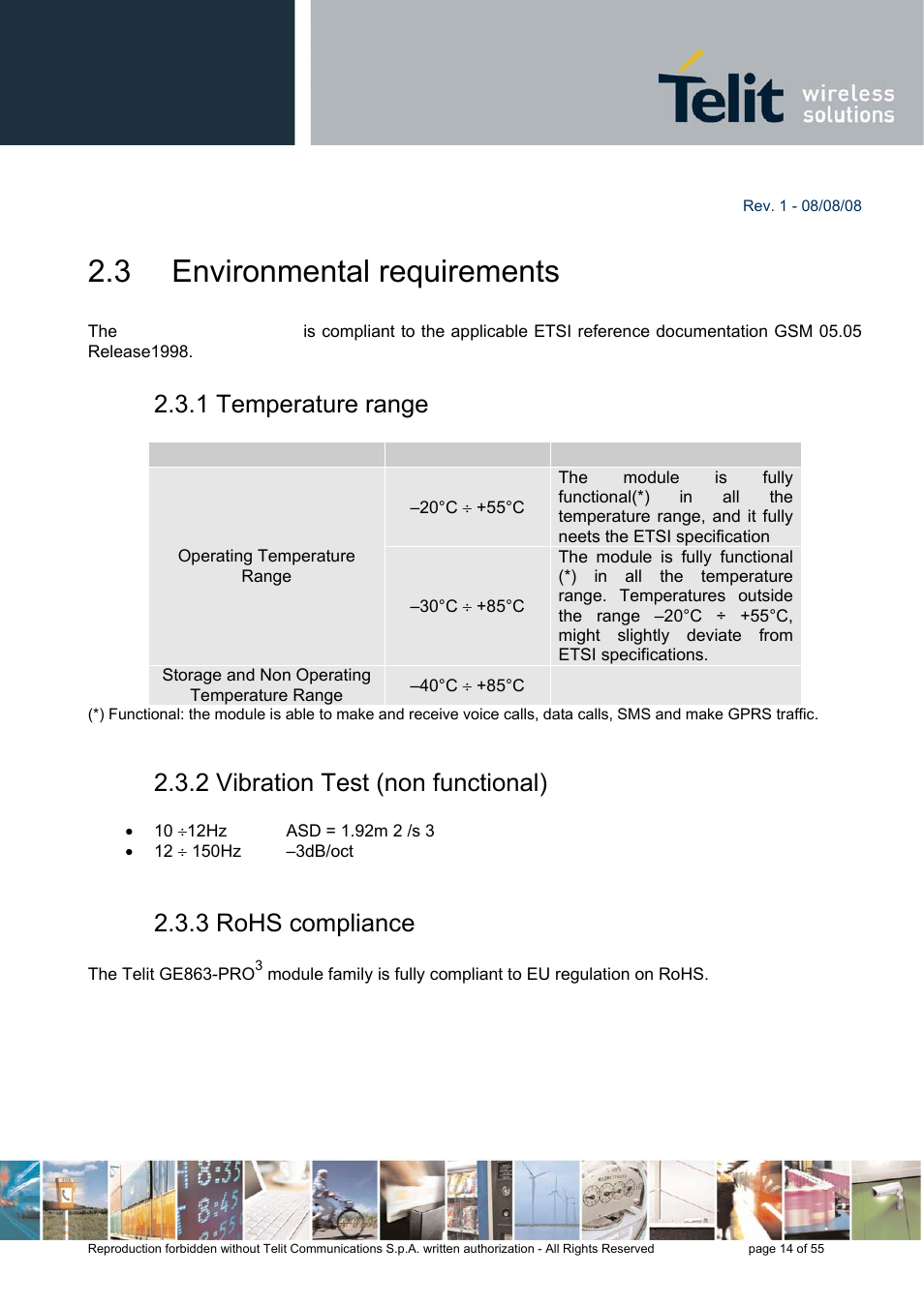 3 environmental requirements, 1 temperature range, 2 vibration test (non functional) | 3 rohs compliance | Rainbow Electronics GE863-PRO3 User Manual | Page 14 / 55