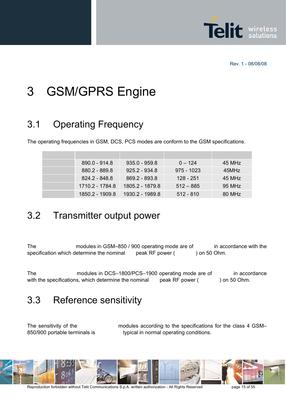 3 gsm/gprs engine, 1 operating frequency, 2 transmitter output power | 3 reference sensitivity | Rainbow Electronics GE863-PRO3 User Manual | Page 15 / 55