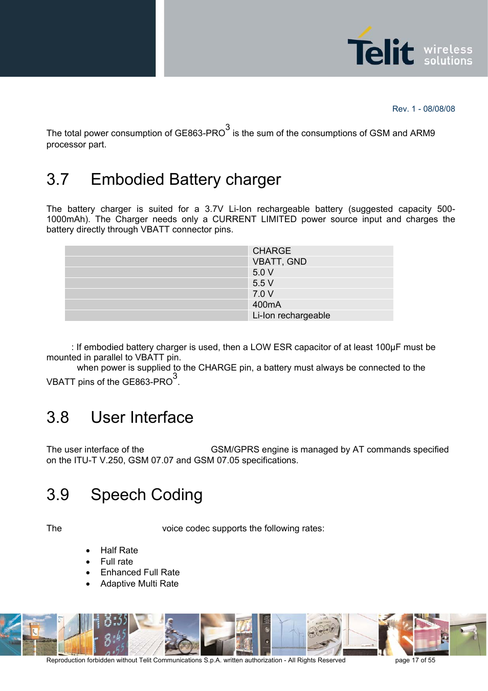 7 embodied battery charger, 8 user interface, 9 speech coding | Rainbow Electronics GE863-PRO3 User Manual | Page 17 / 55