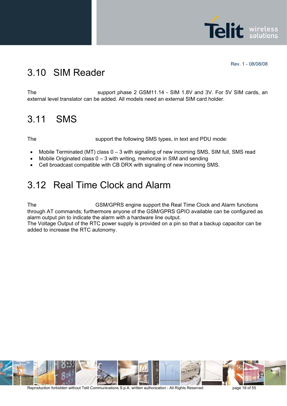 10 sim reader, 11 sms, 12 real time clock and alarm | Rainbow Electronics GE863-PRO3 User Manual | Page 18 / 55