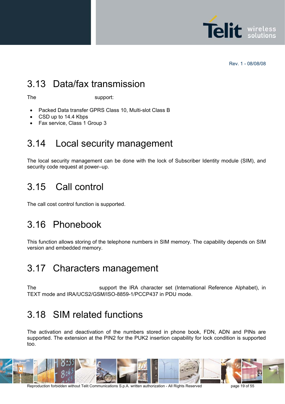 13 data/fax transmission, 14 local security management, 15 call control | 16 phonebook, 17 characters management, 18 sim related functions | Rainbow Electronics GE863-PRO3 User Manual | Page 19 / 55