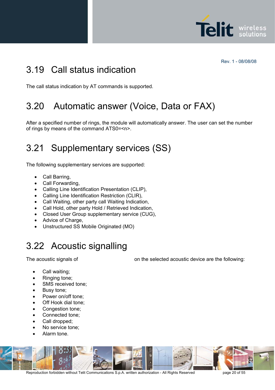 19 call status indication, 20 automatic answer (voice, data or fax), 21 supplementary services (ss) | 22 acoustic signalling | Rainbow Electronics GE863-PRO3 User Manual | Page 20 / 55