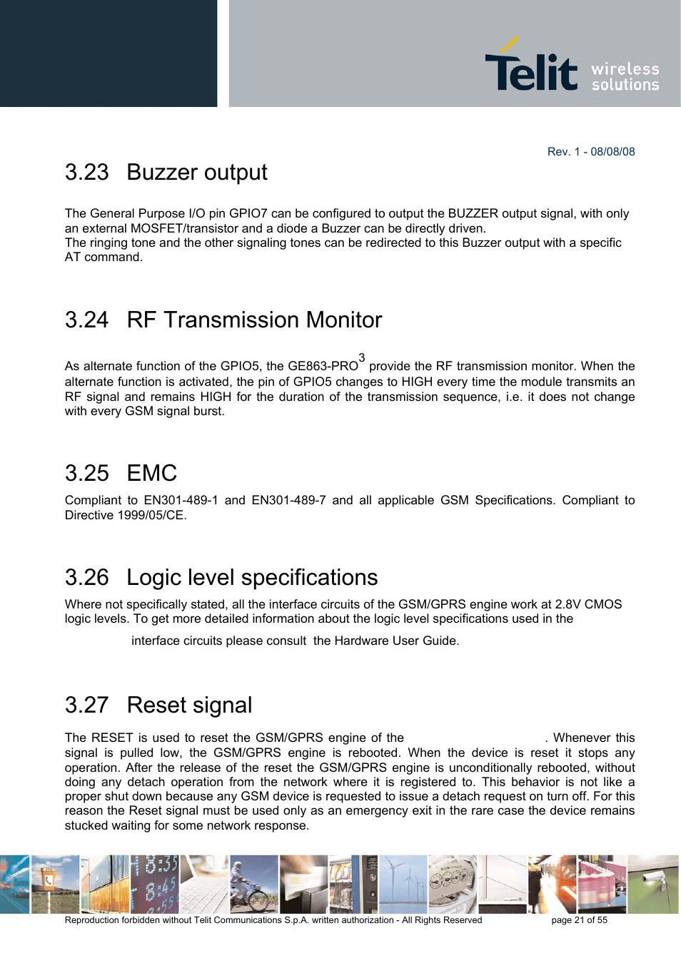 23 buzzer output, 24 rf transmission monitor, 25 emc | 26 logic level specifications, 27 reset signal | Rainbow Electronics GE863-PRO3 User Manual | Page 21 / 55