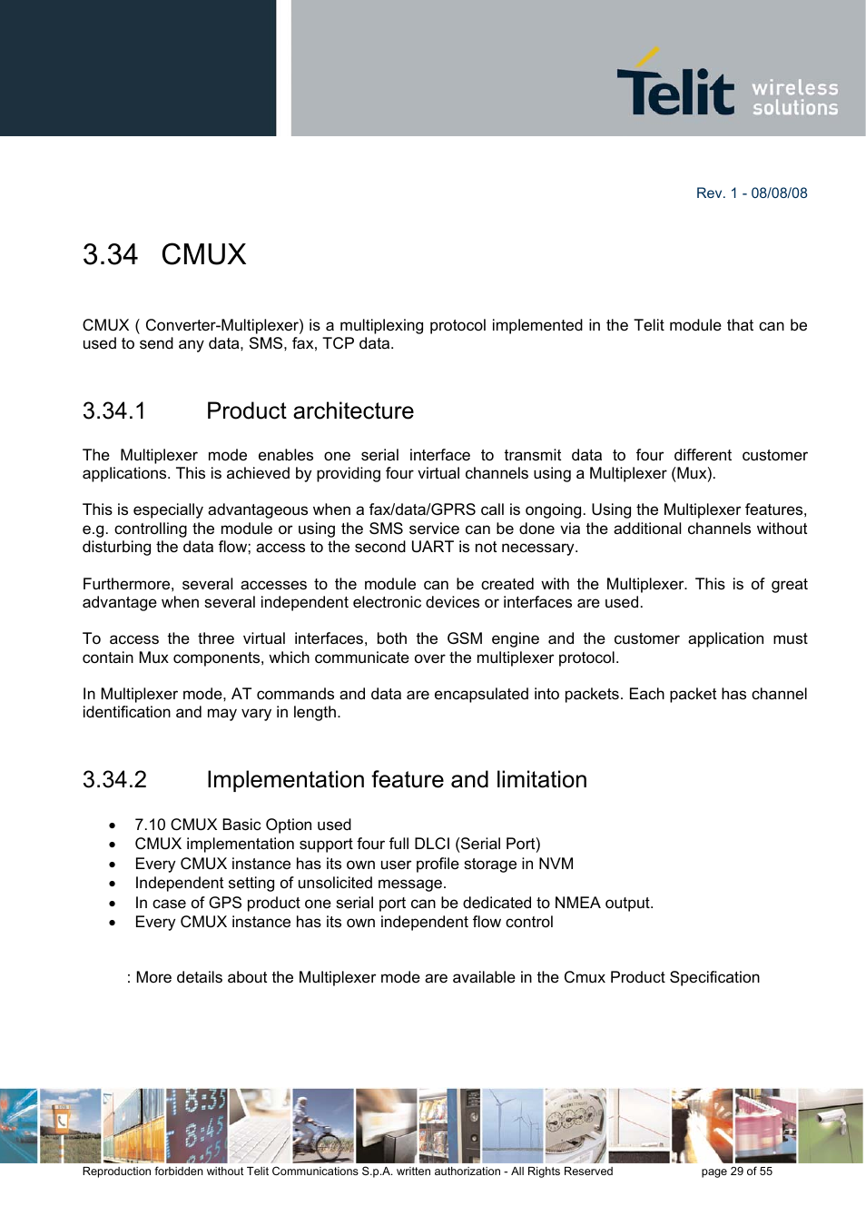 34 cmux, 1 product architecture, 2 implementation feature and limitation | Rainbow Electronics GE863-PRO3 User Manual | Page 29 / 55