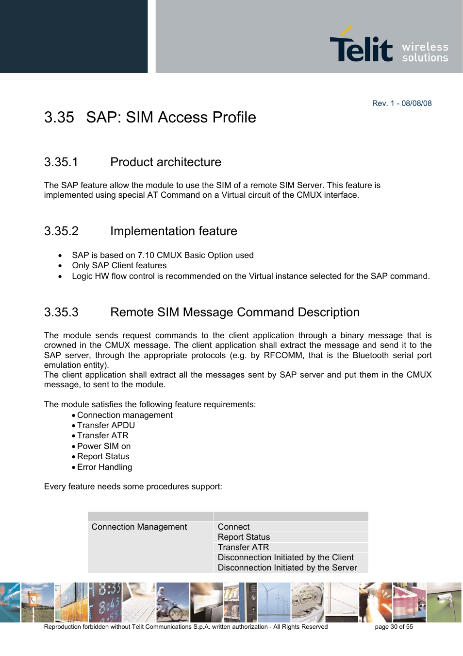 35 sap: sim access profile, 1 product architecture, 2 implementation feature | 3 remote sim message command description | Rainbow Electronics GE863-PRO3 User Manual | Page 30 / 55