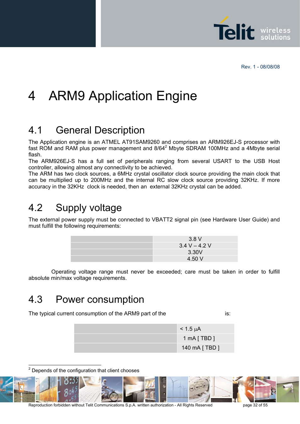 4 arm9 application engine, 1 general description, 2 supply voltage | 3 power consumption | Rainbow Electronics GE863-PRO3 User Manual | Page 32 / 55