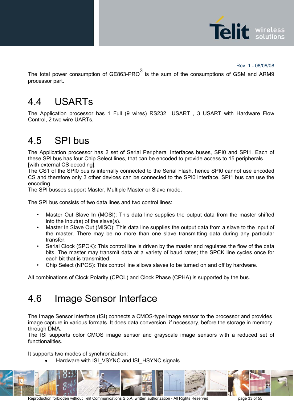 4 usarts, 5 spi bus, 6 image sensor interface | Rainbow Electronics GE863-PRO3 User Manual | Page 33 / 55