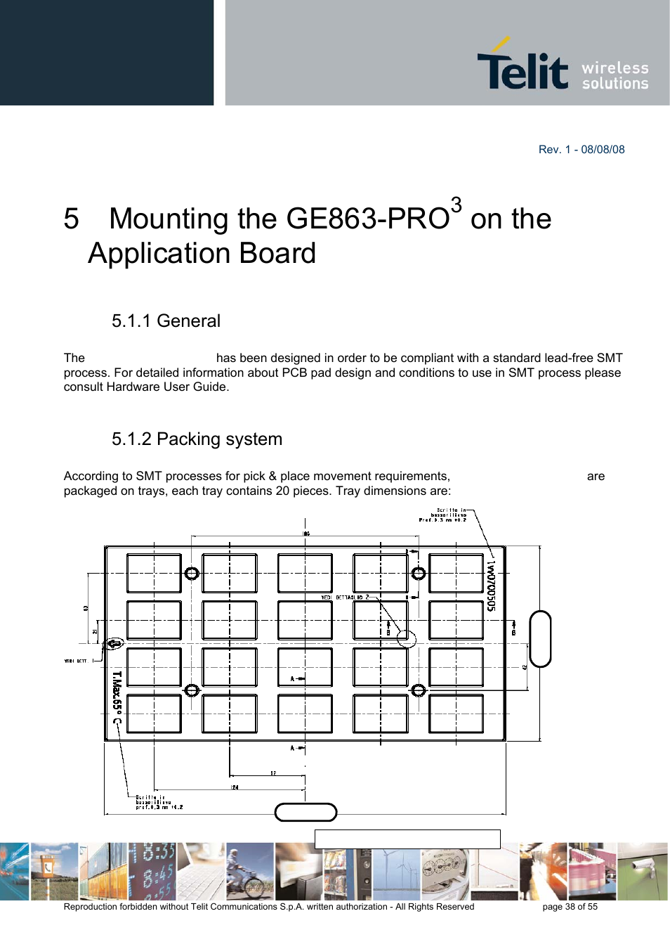 5 mounting the ge863-pro, On the application board, 1 general | 2 packing system | Rainbow Electronics GE863-PRO3 User Manual | Page 38 / 55