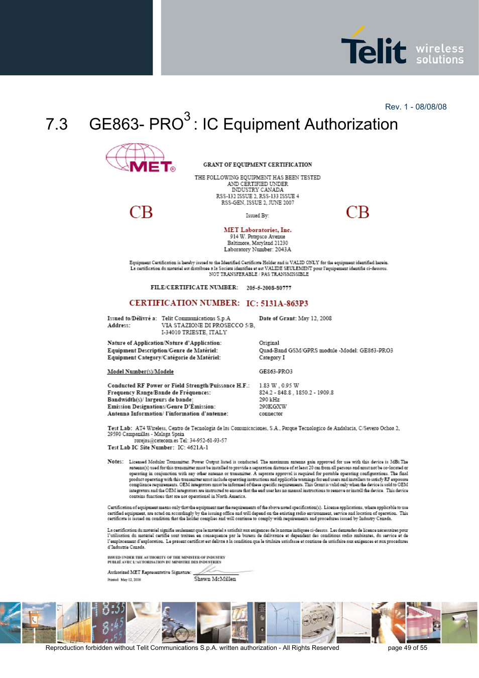 3 ge863- pro, Ic equipment authorization | Rainbow Electronics GE863-PRO3 User Manual | Page 49 / 55