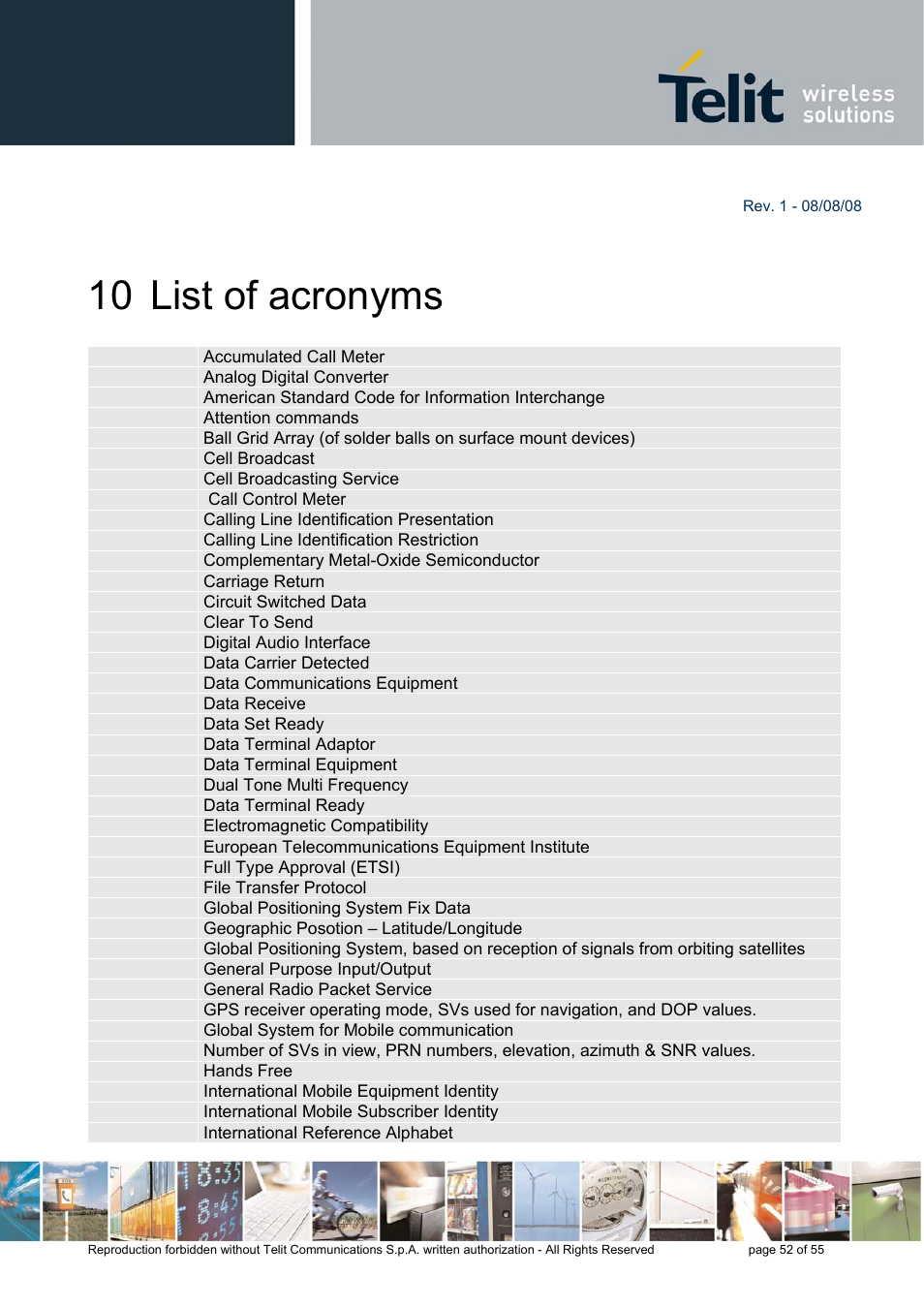 10 list of acronyms | Rainbow Electronics GE863-PRO3 User Manual | Page 52 / 55