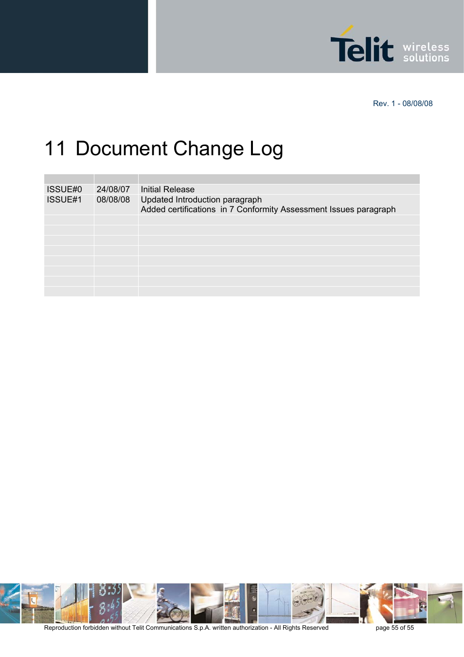 11 document change log | Rainbow Electronics GE863-PRO3 User Manual | Page 55 / 55