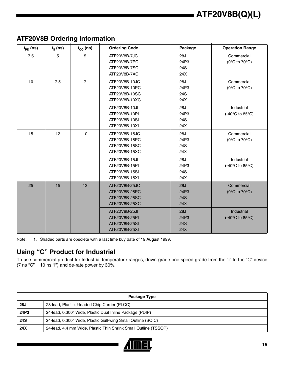 Atf20v8b ordering information, Using “c” product for industrial, Atf20v8b(q)(l) | Rainbow Electronics ATF20V8BQL User Manual | Page 15 / 18