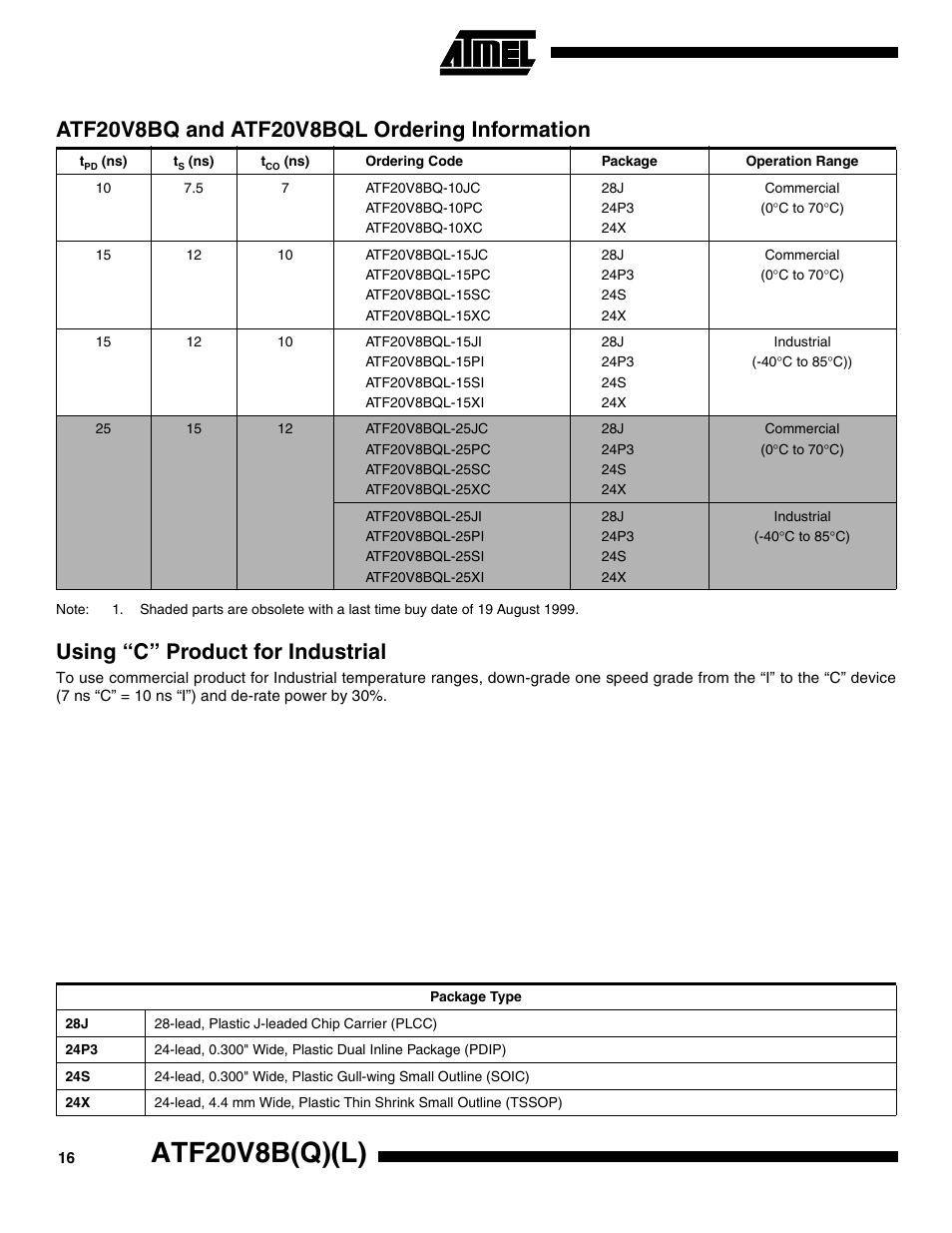 Atf20v8bq and atf20v8bql ordering information, Using “c” product for industrial, Atf20v8b(q)(l) | Rainbow Electronics ATF20V8BQL User Manual | Page 16 / 18