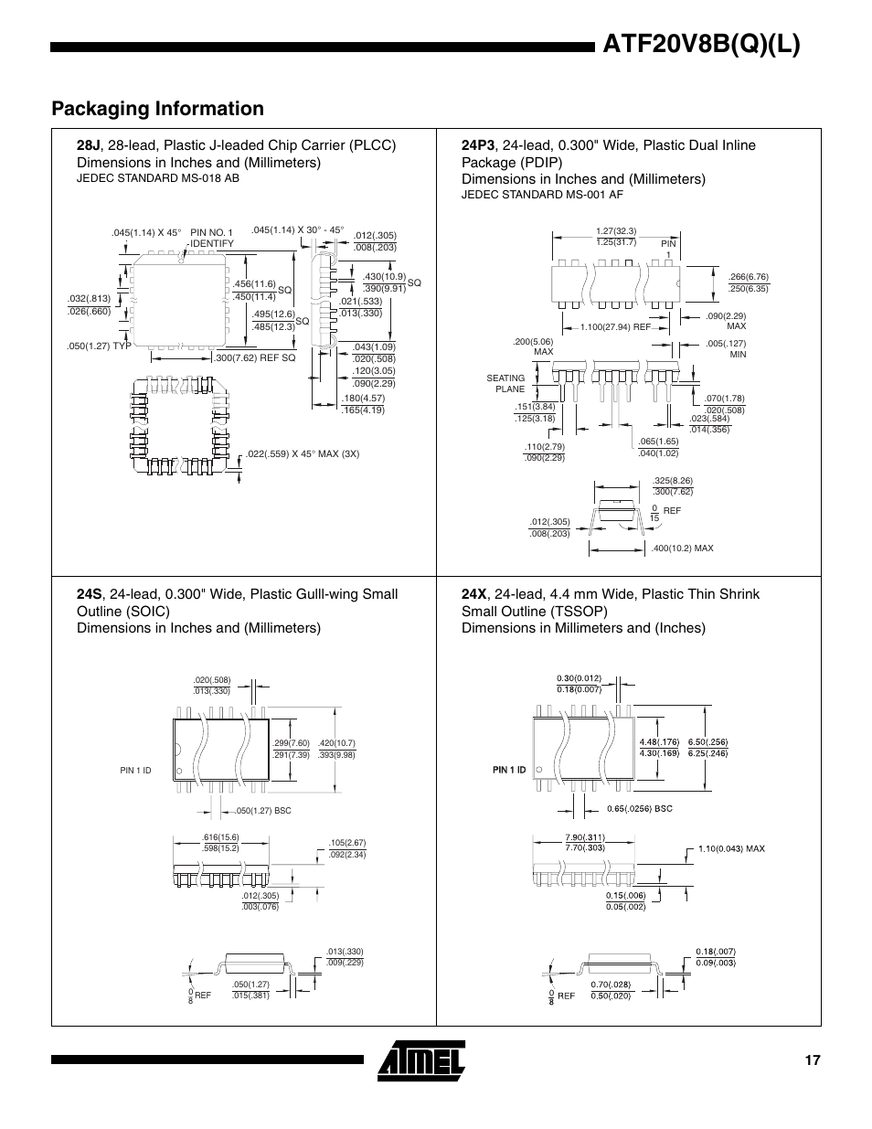 Atf20v8b(q)(l), Packaging information | Rainbow Electronics ATF20V8BQL User Manual | Page 17 / 18
