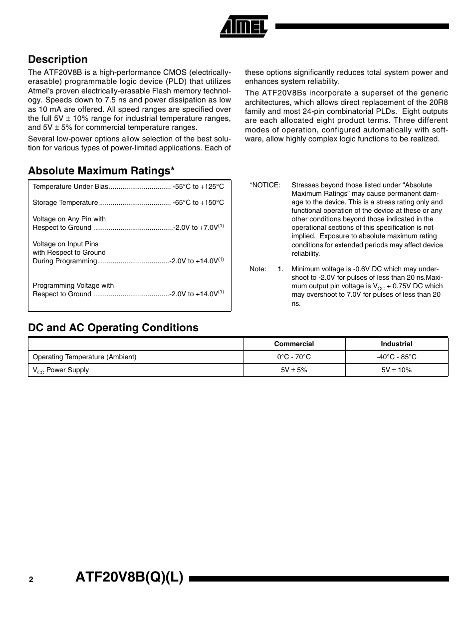 Description, Absolute maximum ratings, Dc and ac operating conditions | Atf20v8b(q)(l) | Rainbow Electronics ATF20V8BQL User Manual | Page 2 / 18