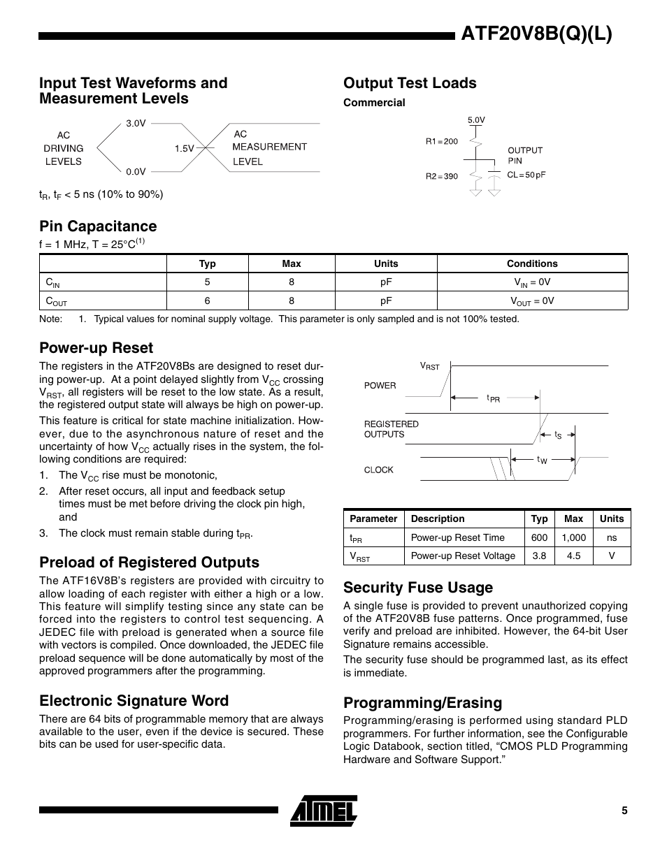 Input test waveforms and measurement levels, Output test loads, Commercial | Pin capacitance, Power-up reset, Preload of registered outputs, Electronic signature word, Security fuse usage, Programming/erasing, Atf20v8b(q)(l) | Rainbow Electronics ATF20V8BQL User Manual | Page 5 / 18