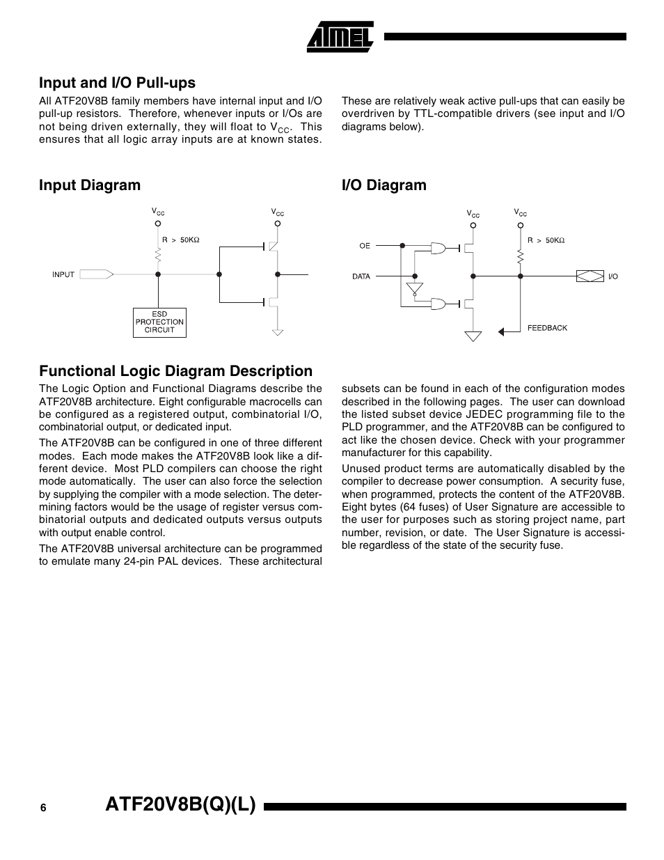 Input and i/o pull-ups, Input diagram, I/o diagram | Functional logic diagram description, Atf20v8b(q)(l) | Rainbow Electronics ATF20V8BQL User Manual | Page 6 / 18