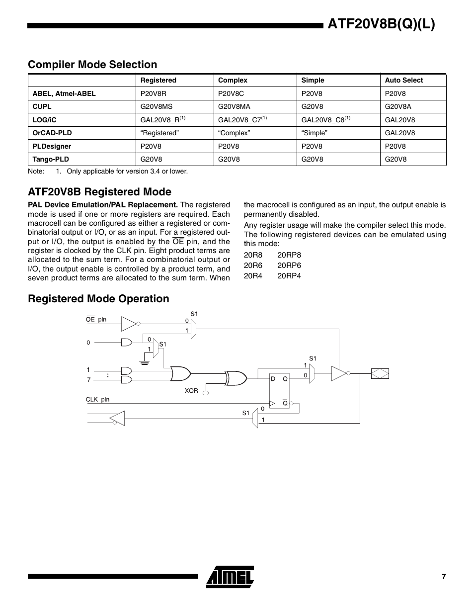 Compiler mode selection, Atf20v8b registered mode, Registered mode operation | Atf20v8b(q)(l), Registered mode operation compiler mode selection | Rainbow Electronics ATF20V8BQL User Manual | Page 7 / 18