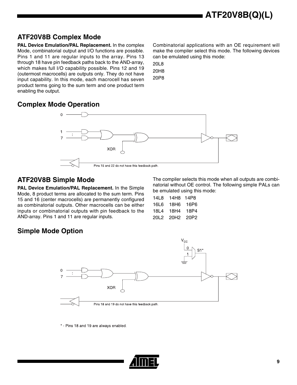Atf20v8b complex mode, Complex mode operation, Atf20v8b simple mode | Simple mode option, Atf20v8b(q)(l) | Rainbow Electronics ATF20V8BQL User Manual | Page 9 / 18