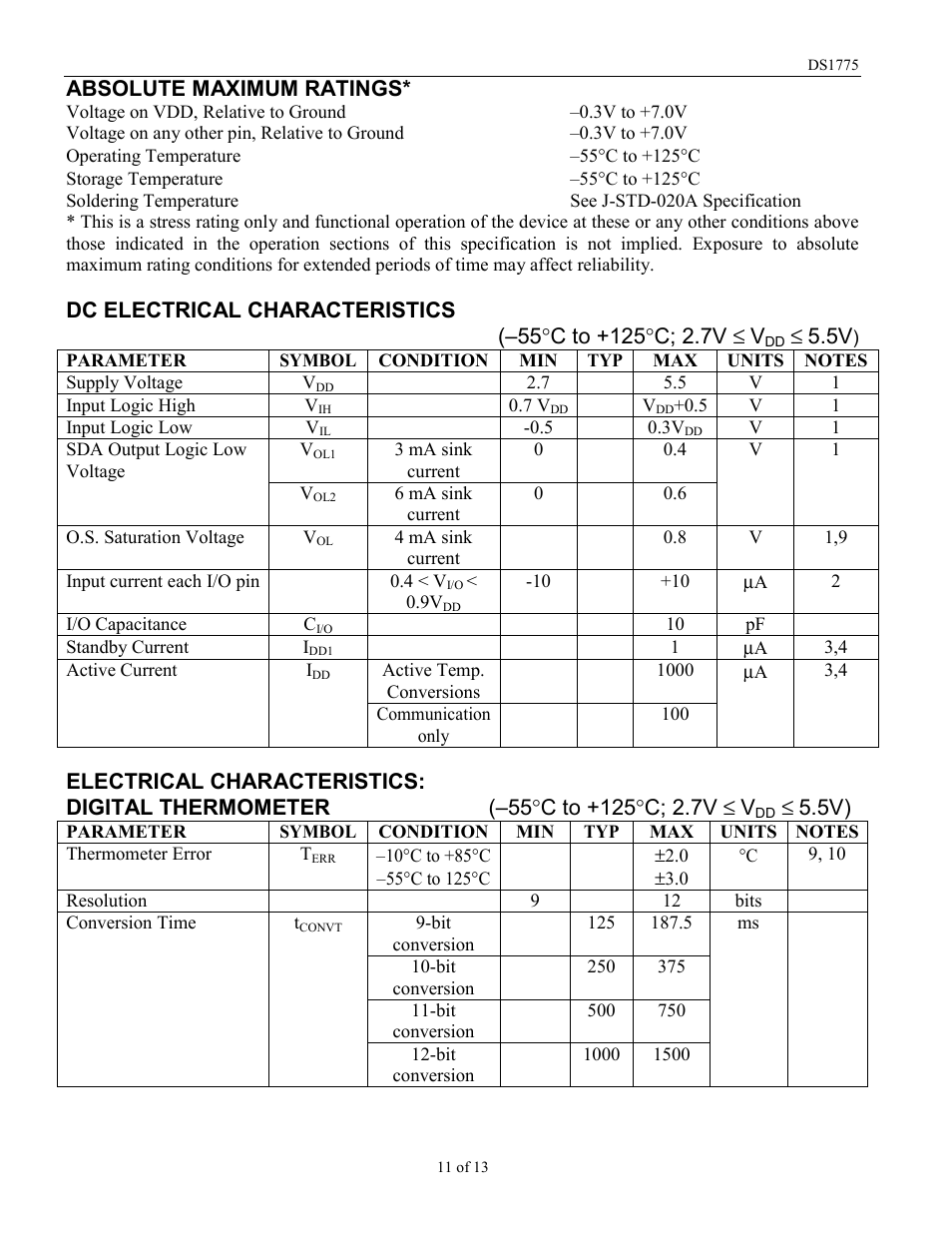 Absolute maximum ratings | Rainbow Electronics DS1775R_T User Manual | Page 11 / 13