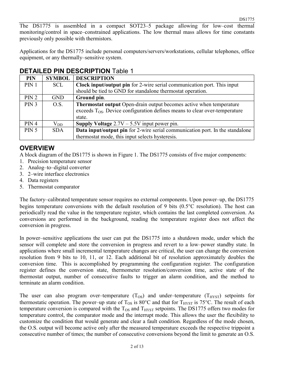 Detailed pin description table 1, Overview | Rainbow Electronics DS1775R_T User Manual | Page 2 / 13
