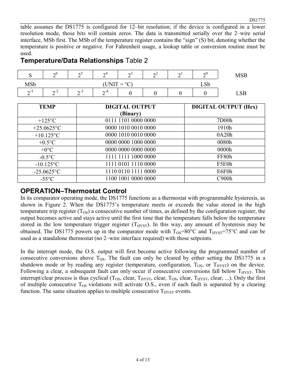 Temperature/data relationships table 2, Operation–thermostat control | Rainbow Electronics DS1775R_T User Manual | Page 4 / 13
