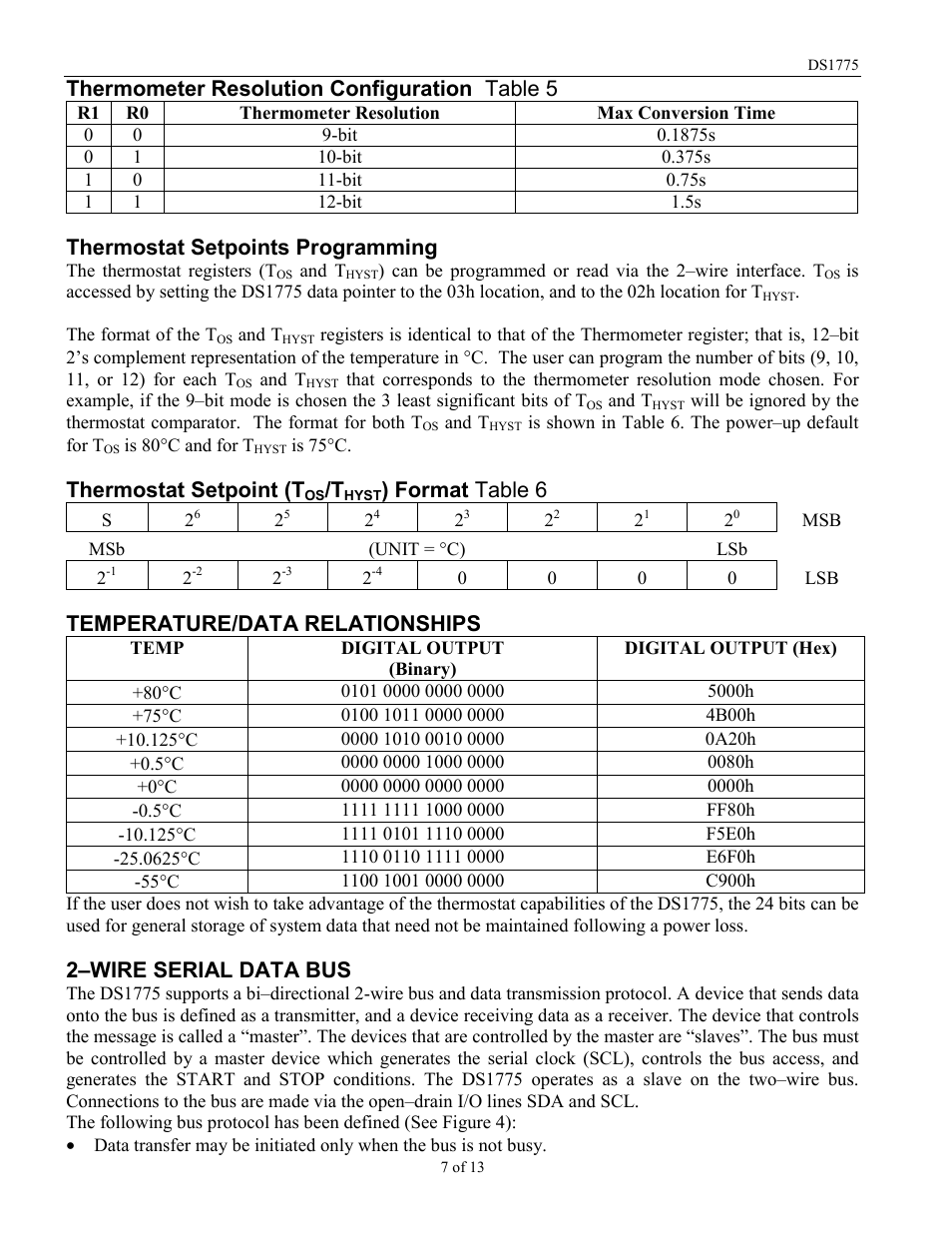 Thermometer resolution configuration table 5, Thermostat setpoints programming, Thermostat setpoint (t | Format table 6, Temperature/data relationships, 2–wire serial data bus | Rainbow Electronics DS1775R_T User Manual | Page 7 / 13