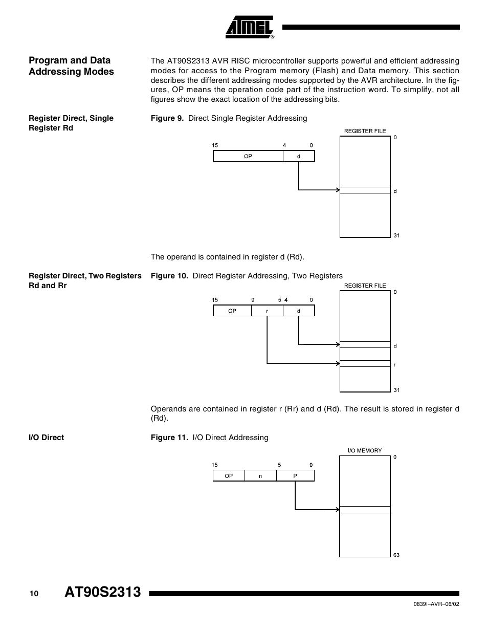 Program and data addressing modes, Register direct, single register rd, Register direct, two registers rd and rr | I/o direct | Rainbow Electronics AT90S2313 User Manual | Page 10 / 92