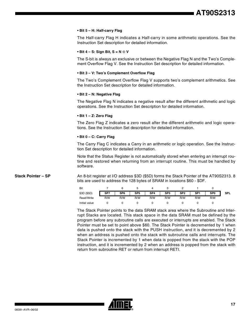 Stack pointer – sp | Rainbow Electronics AT90S2313 User Manual | Page 17 / 92