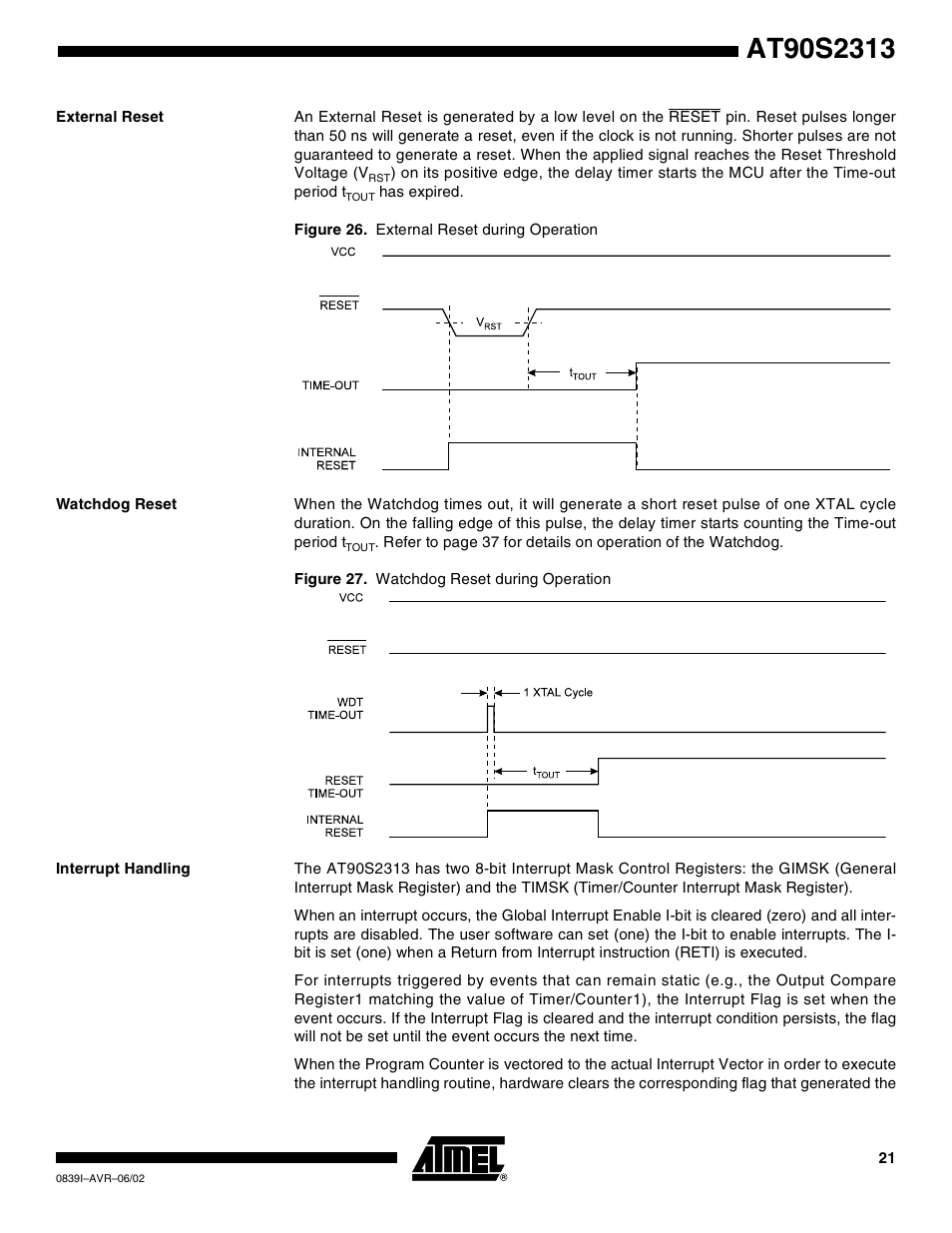 External reset, Watchdog reset, Interrupt handling | Rainbow Electronics AT90S2313 User Manual | Page 21 / 92