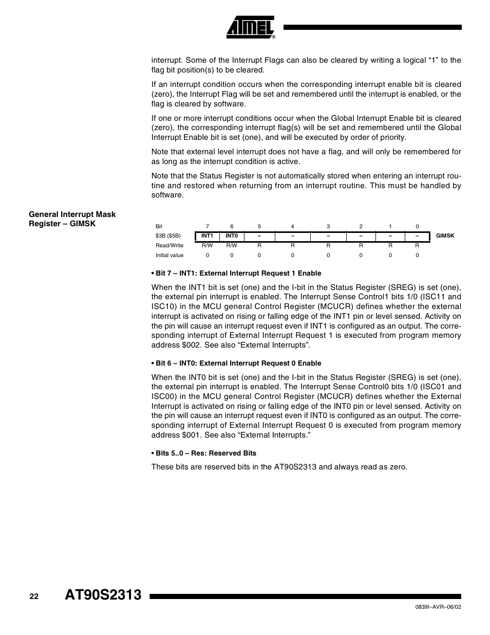 General interrupt mask register – gimsk | Rainbow Electronics AT90S2313 User Manual | Page 22 / 92