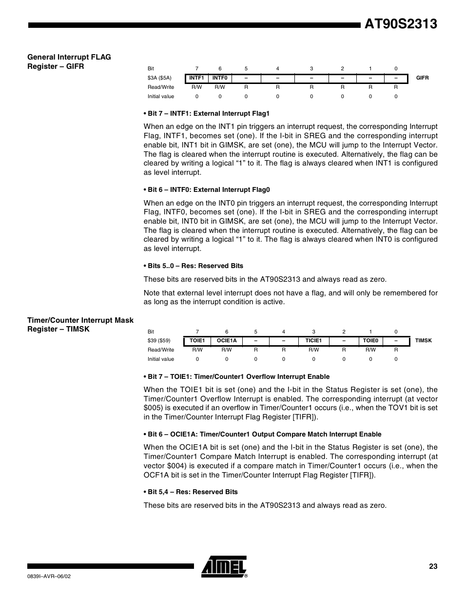 General interrupt flag register – gifr, Timer/counter interrupt mask register – timsk | Rainbow Electronics AT90S2313 User Manual | Page 23 / 92