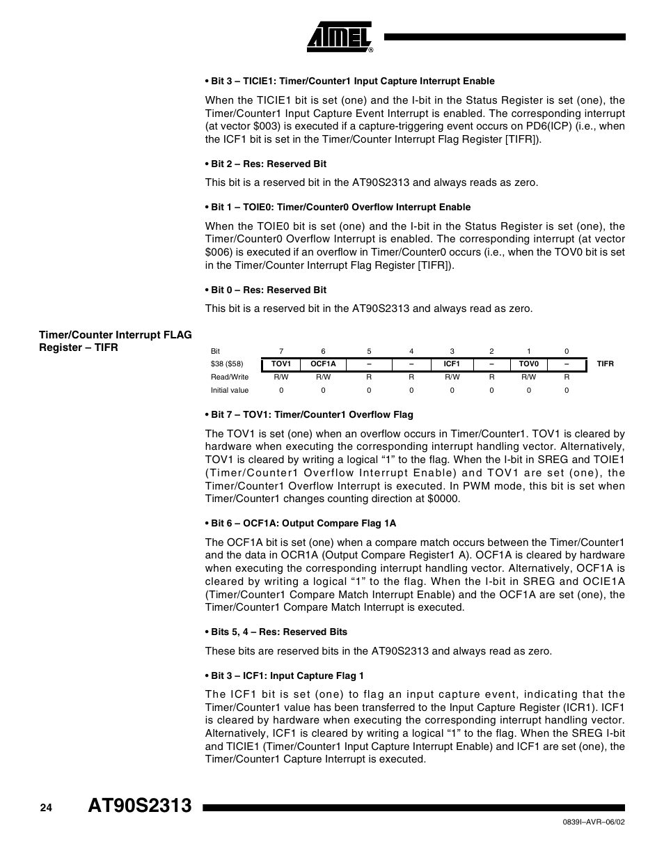 Timer/counter interrupt flag register – tifr | Rainbow Electronics AT90S2313 User Manual | Page 24 / 92