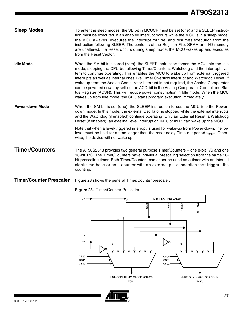 Sleep modes, Idle mode, Power-down mode | Timer/counters, Timer/counter prescaler | Rainbow Electronics AT90S2313 User Manual | Page 27 / 92
