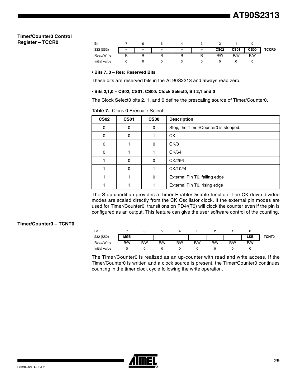 Timer/counter0 control register – tccr0, Timer/counter0 – tcnt0, Table 7. clock 0 prescale select | Rainbow Electronics AT90S2313 User Manual | Page 29 / 92