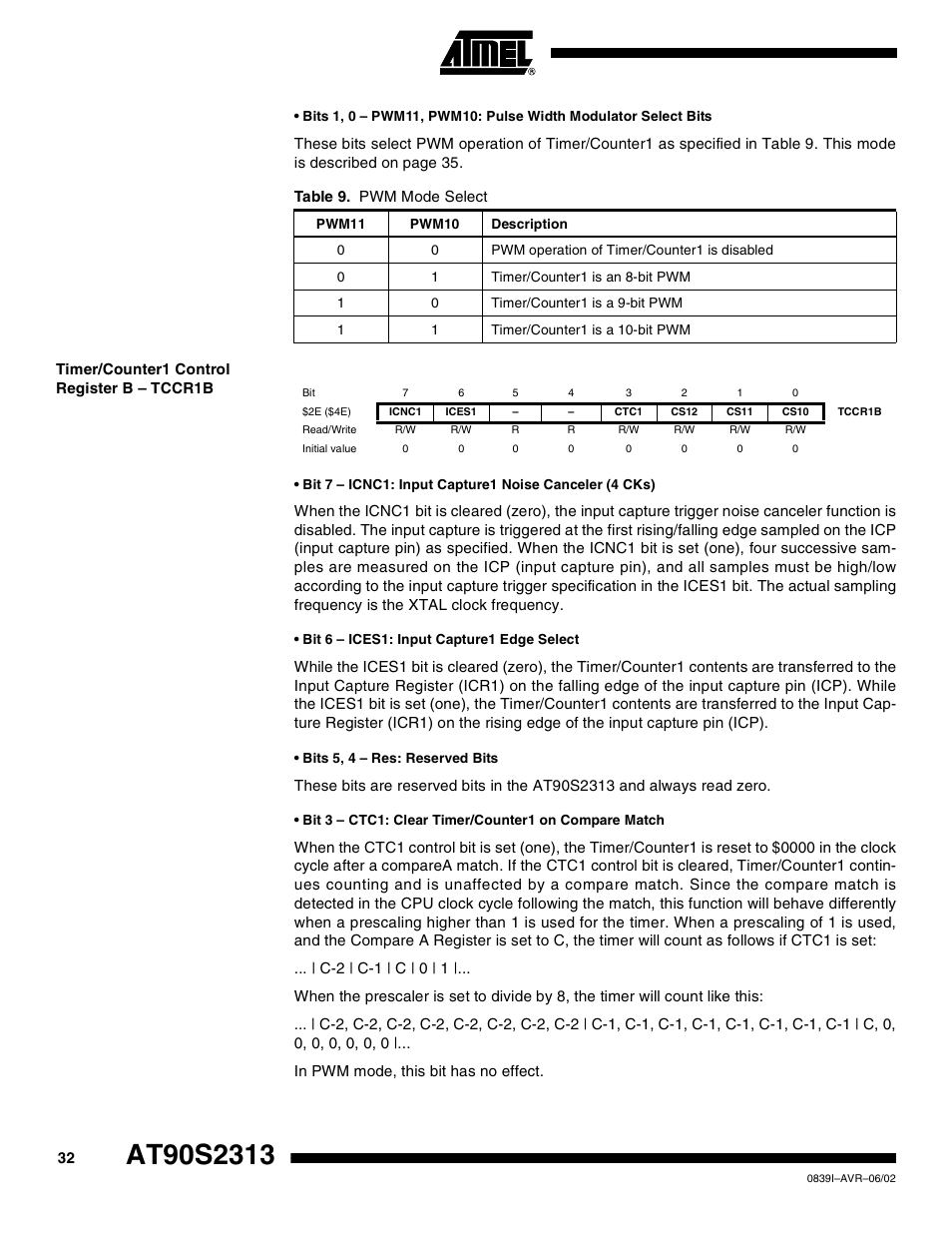 Timer/counter1 control register b – tccr1b | Rainbow Electronics AT90S2313 User Manual | Page 32 / 92
